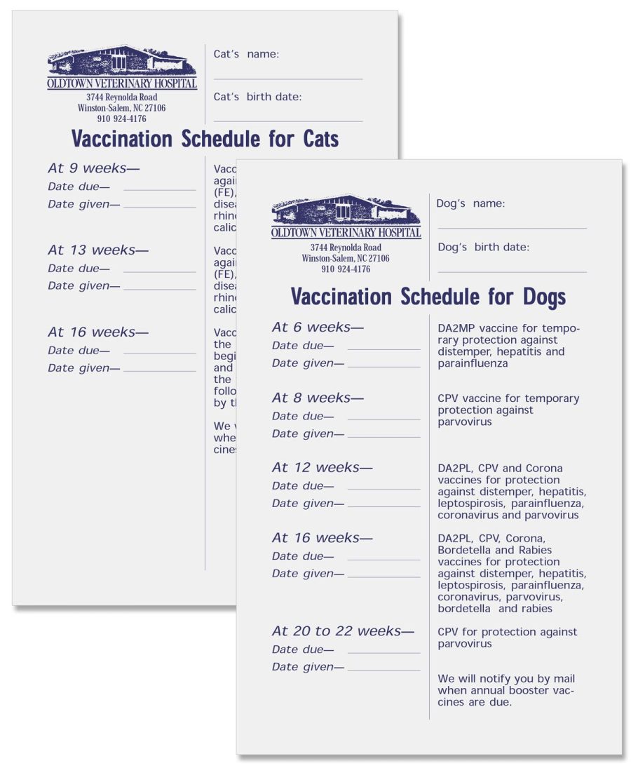 Oldtown Veterinary Hospital “Vaccine Schedule for Dogs” and “Vaccine Schedule for Cats" flyers