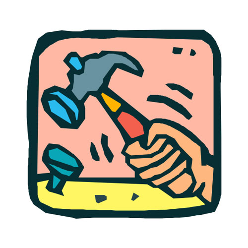 Cartoon illustration of a hand holding a hammer, hammering a nail