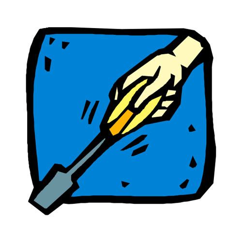 Cartoon illustration of a hand holding a screw driver