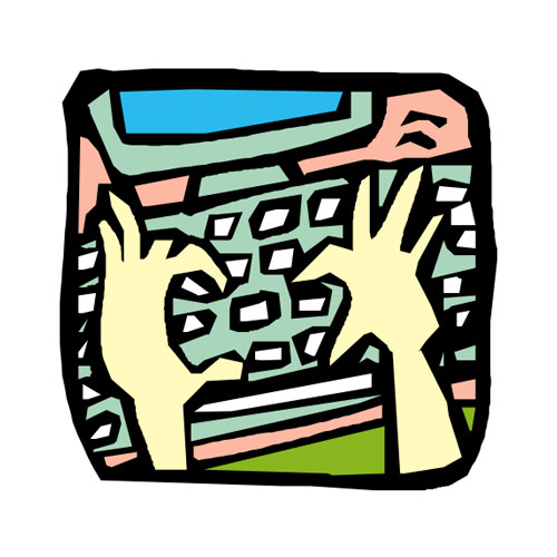 Cartoon illustration of hands on a computer keyboard