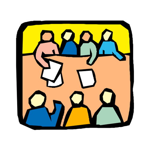 Cartoon illustration of people in a meeting sharing documents across a table
