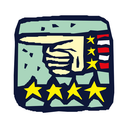 Cartoon illustration of a hand pointing, wearing stars and stripes