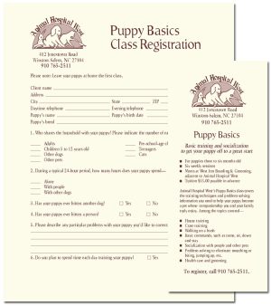 Animal Hospital West “Puppy Basics Class” flyer and registration form