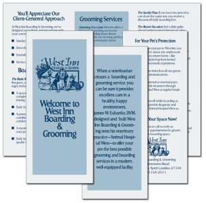"Welcome to West Inn Boarding & Grooming" brochure