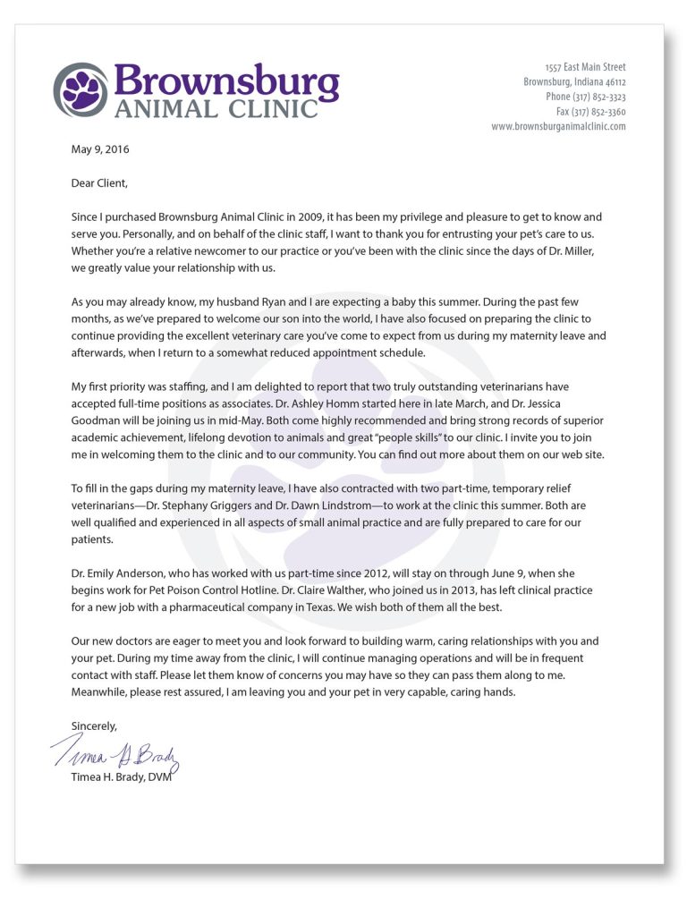 Brownsburg Animal Clinic May 2016 letter announcing Dr. Brady's maternity leave
