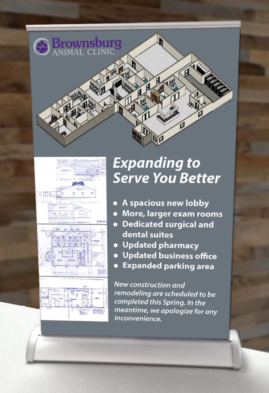 Brownsburg Animal Clinic countertop banner showing blueprints and floor plan schematic