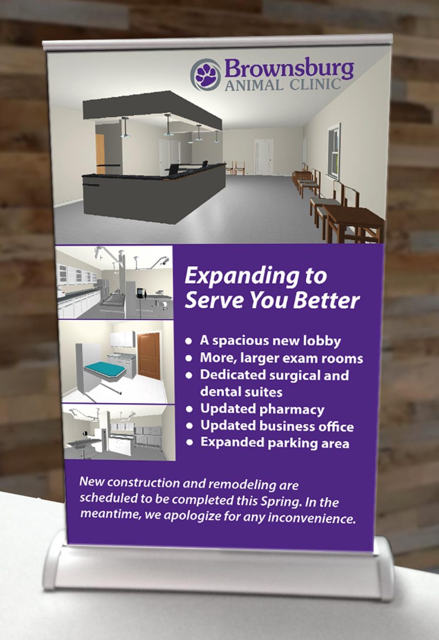 Brownsburg Animal Clinic countertop banner showing architect's renderings of the new spaces