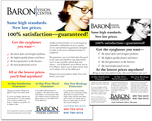 Baron Vision Center flyer and print advertisement