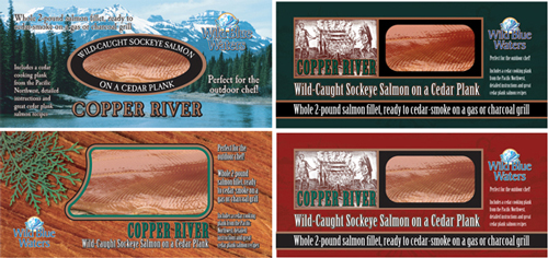 Wild Blue Waters Copper River brand salmon package design concepts