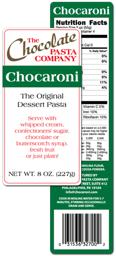 The Chocolate Pasta Company Chocaroni label