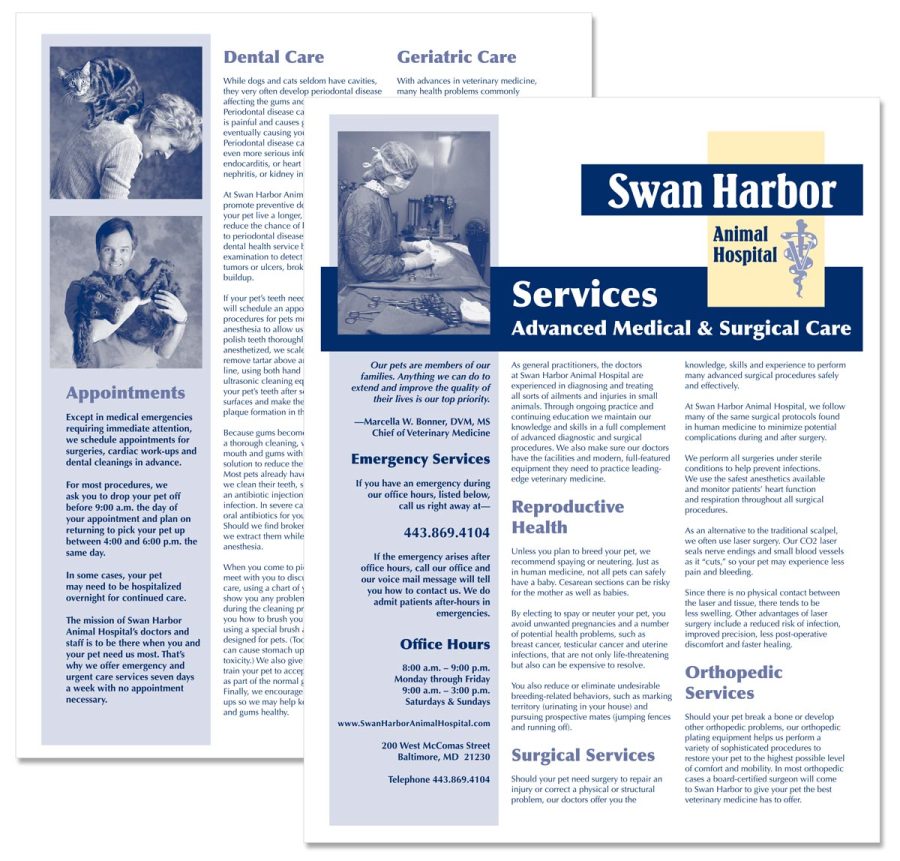 Swan Harbor Animal Hospital “Services: Advanced Medical and Surgical Care” brochure