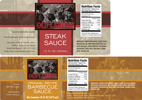 Golding Farms Foods Old Laredo steak and barbecue sauce label concepts