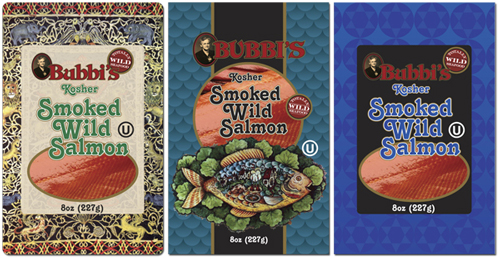 Wild Blue Waters Bubbi's brand smoked salmon package design concepts