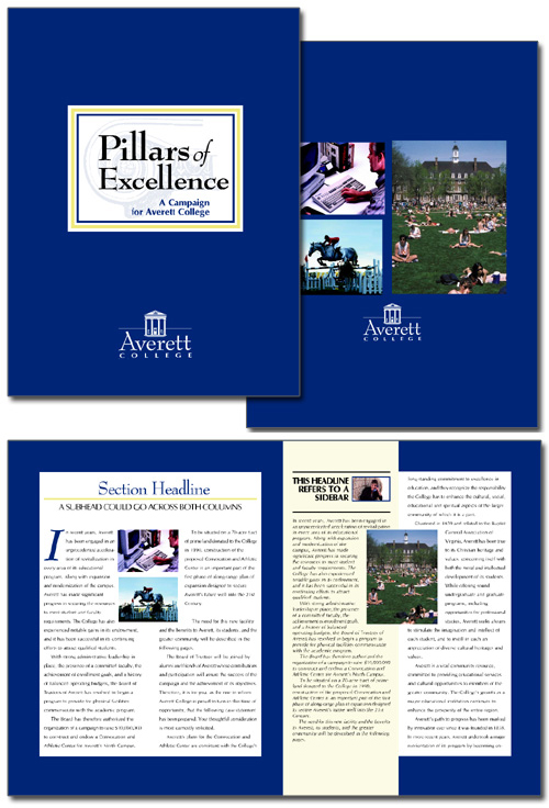 Averett College Pillars of Excellence case statement brochure design concept