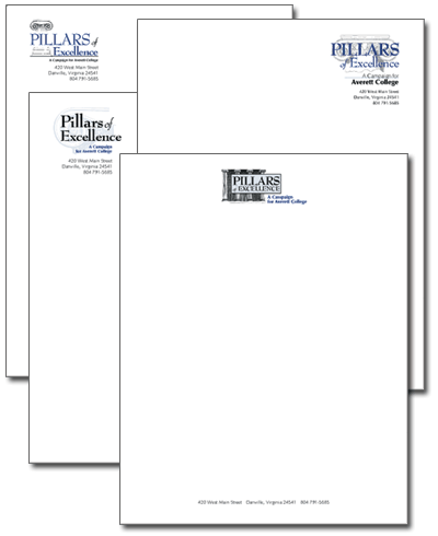 Averett College Pillars of Excellence campaign stationery design concepts