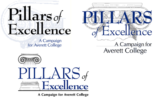 Averett College Pillars of Excellence campaign logo design concepts