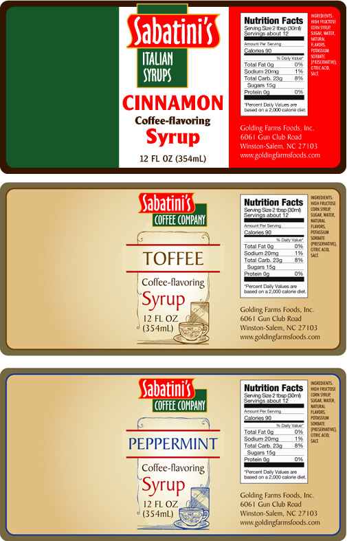 Golding Farms proposed Sabatini's brand coffee syrup label concepts