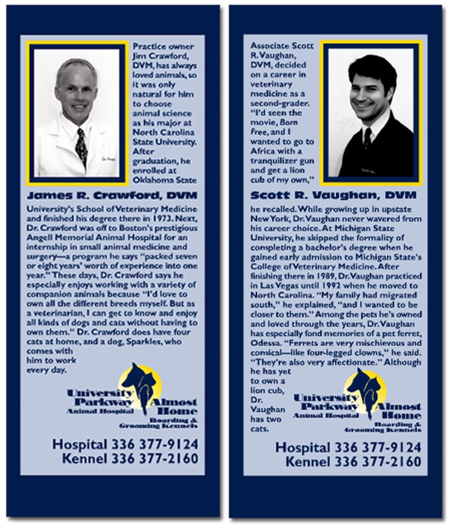 University Parkway Animal Hospital Doctors' biographies flyer